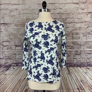 Lands End Blue Floral Boat Neck 3/4 Sleeve Top